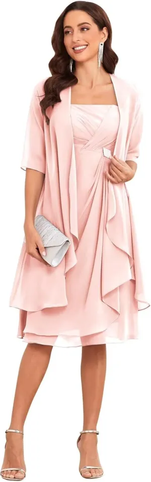 2 Piece Mother of The Bride Dresses for Wedding with Jacket Ruffle Formal Dress Chiffon Evening Gown for Women