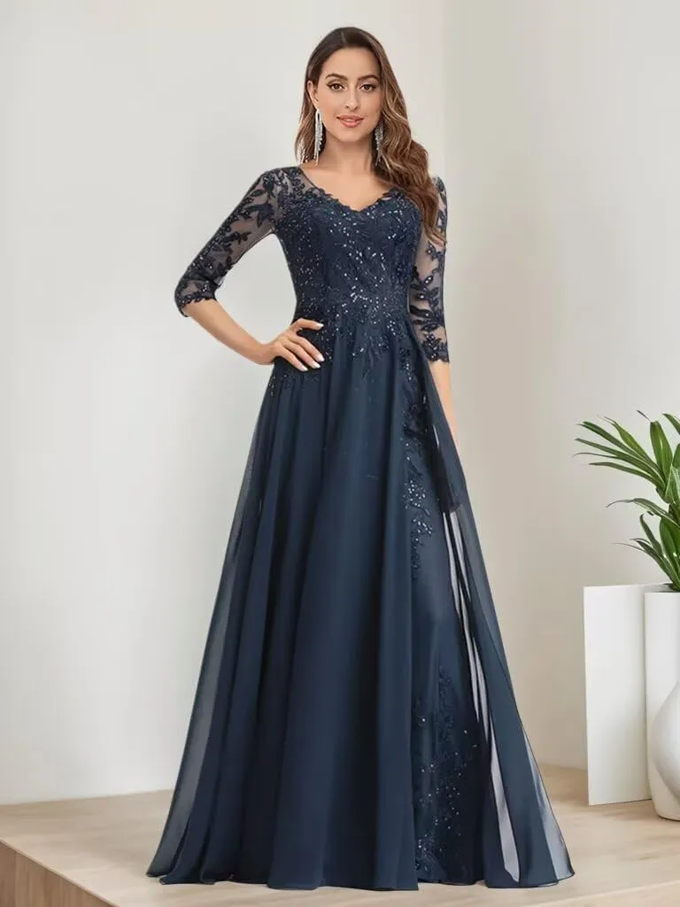 3/4 Sleeve Mother of The Bride Dresses for Wedding Chiffon A Line V Neck Long Sequin Lace Formal Evening Dress