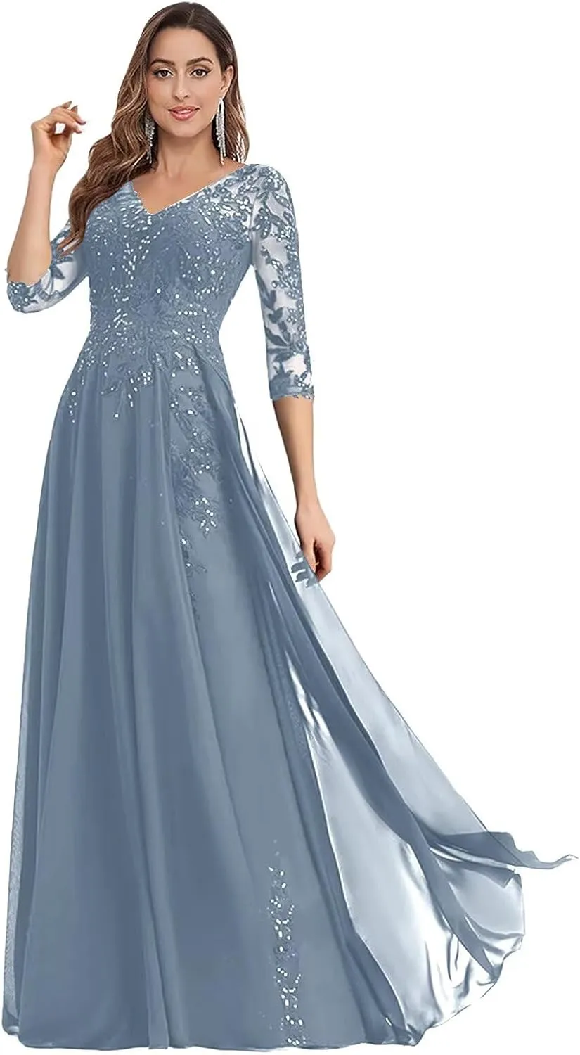 3/4 Sleeve Mother of The Bride Dresses for Wedding Chiffon A Line V Neck Long Sequin Lace Formal Evening Dress