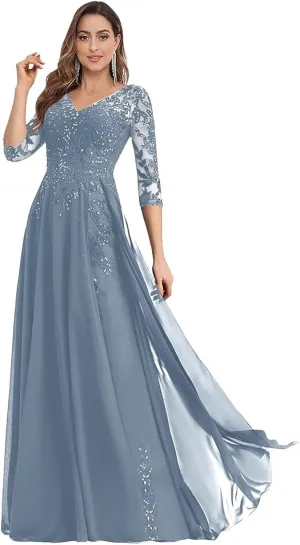 3/4 Sleeve Mother of The Bride Dresses for Wedding Chiffon A Line V Neck Long Sequin Lace Formal Evening Dress