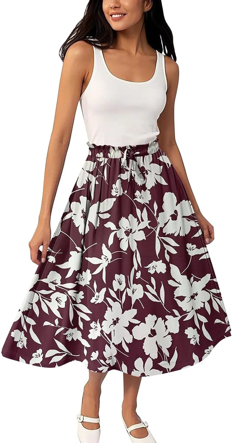 ADHOWBEW Boho Skirts for Women Midi Length Ruffle Cute Flowy High Waisted Trendy Beach Casual A Line Plus Size Spring Skirts