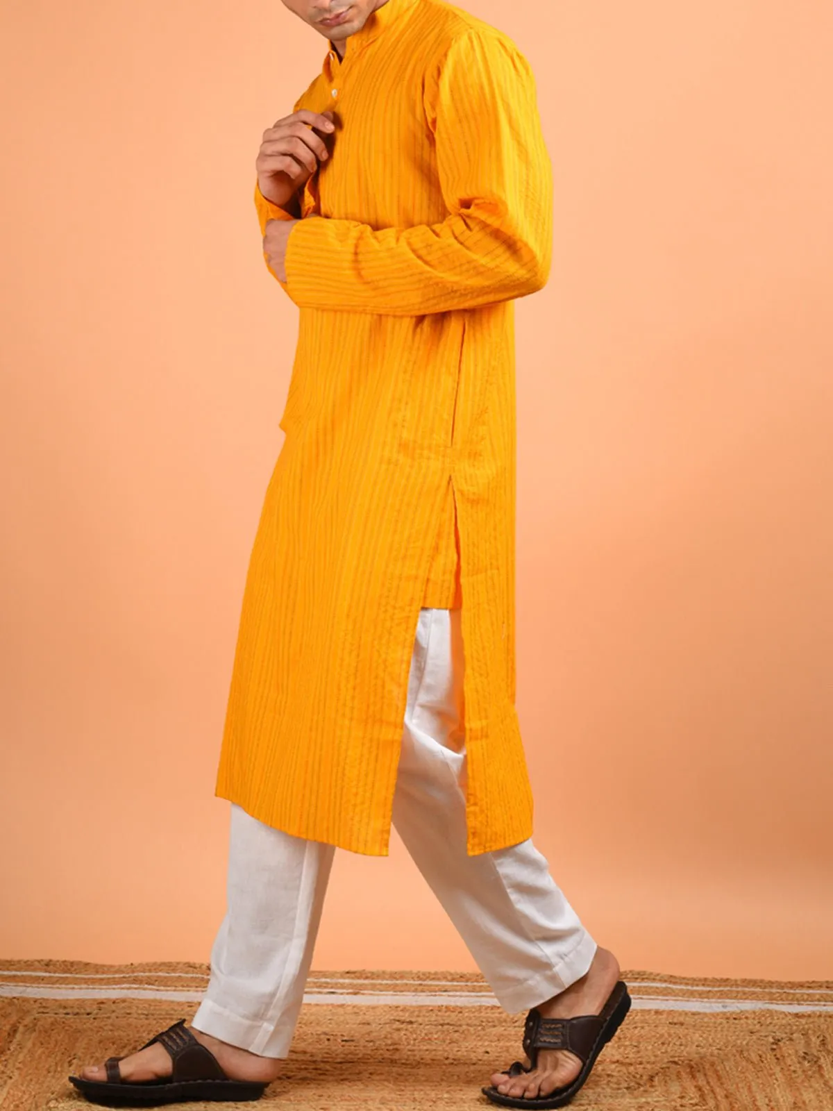 Aftab Kantha Weaved Men's Kurta Chrome Yellow