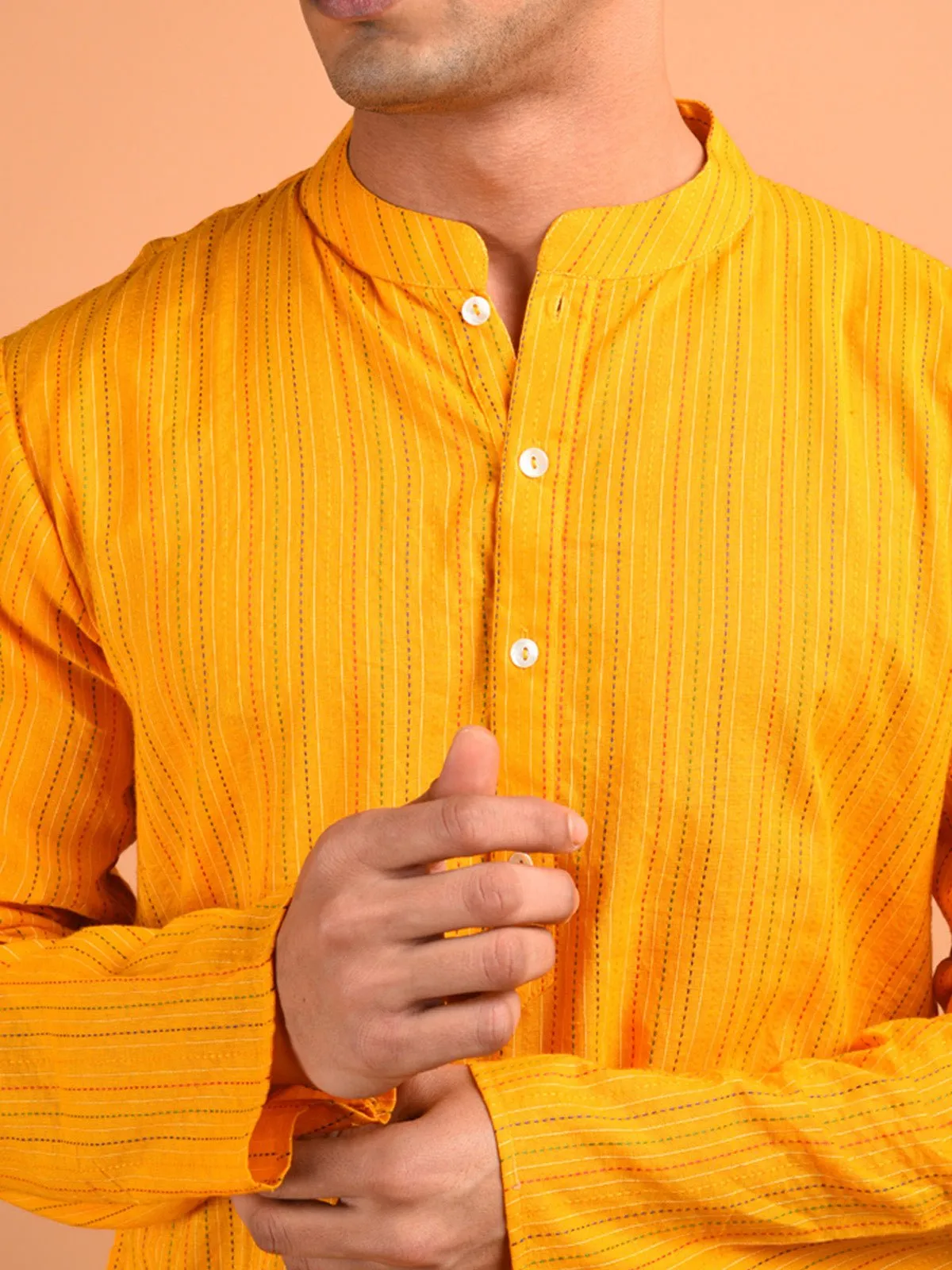 Aftab Kantha Weaved Men's Kurta Chrome Yellow