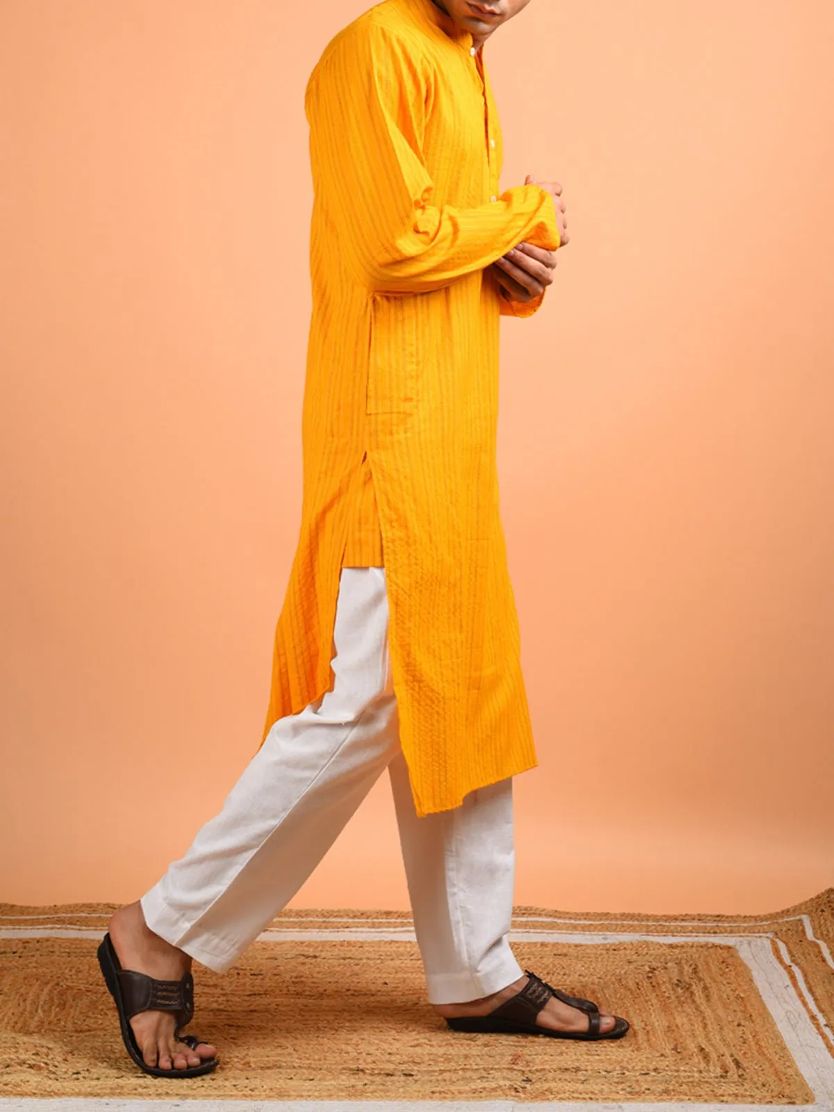 Aftab Kantha Weaved Men's Kurta Chrome Yellow