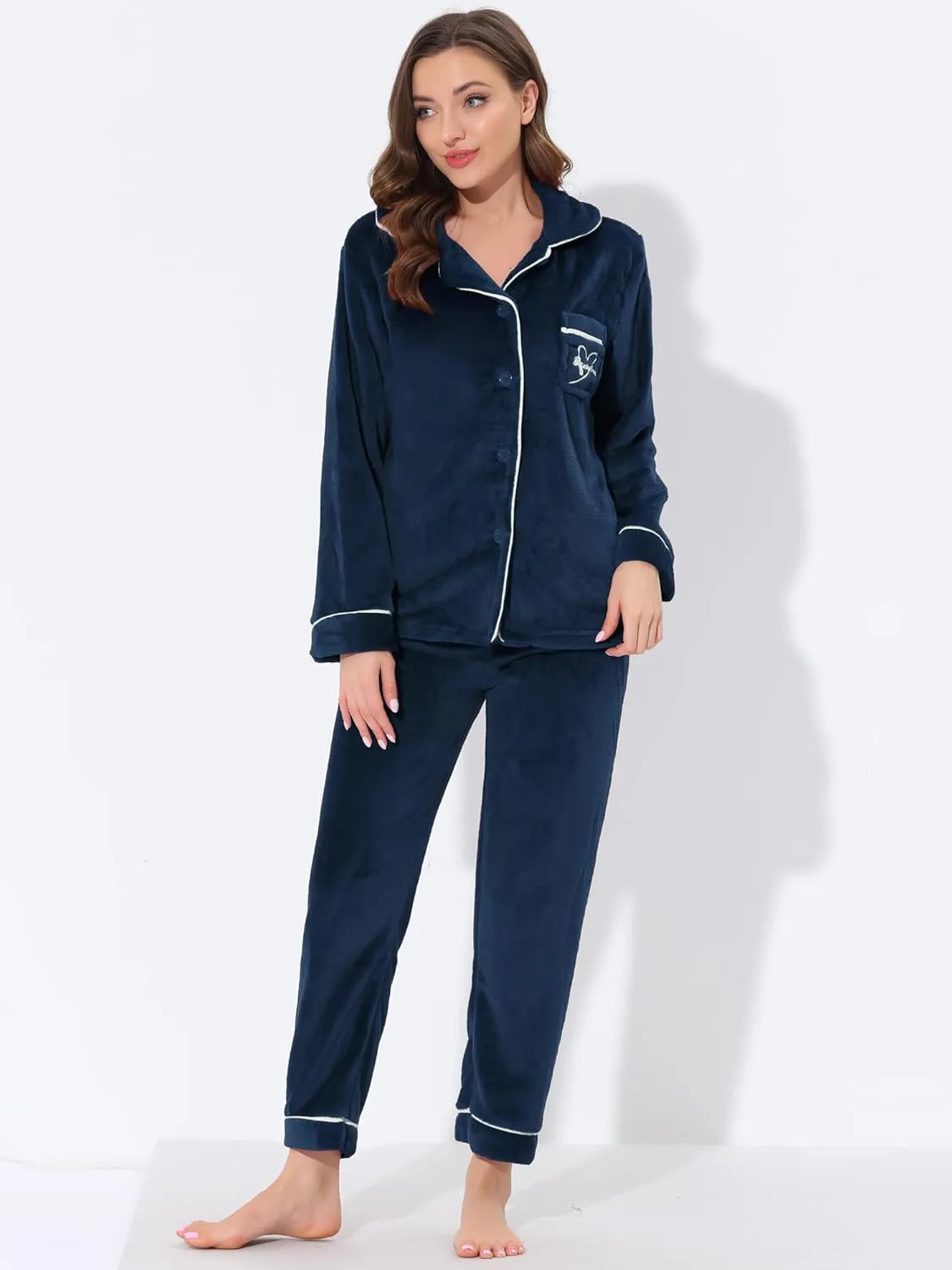 Allegra K Women's Sleepwear Flannel Button Down Lounge Winter Long Sleeves Pajama Sets
