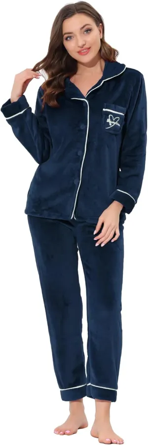 Allegra K Women's Sleepwear Flannel Button Down Lounge Winter Long Sleeves Pajama Sets
