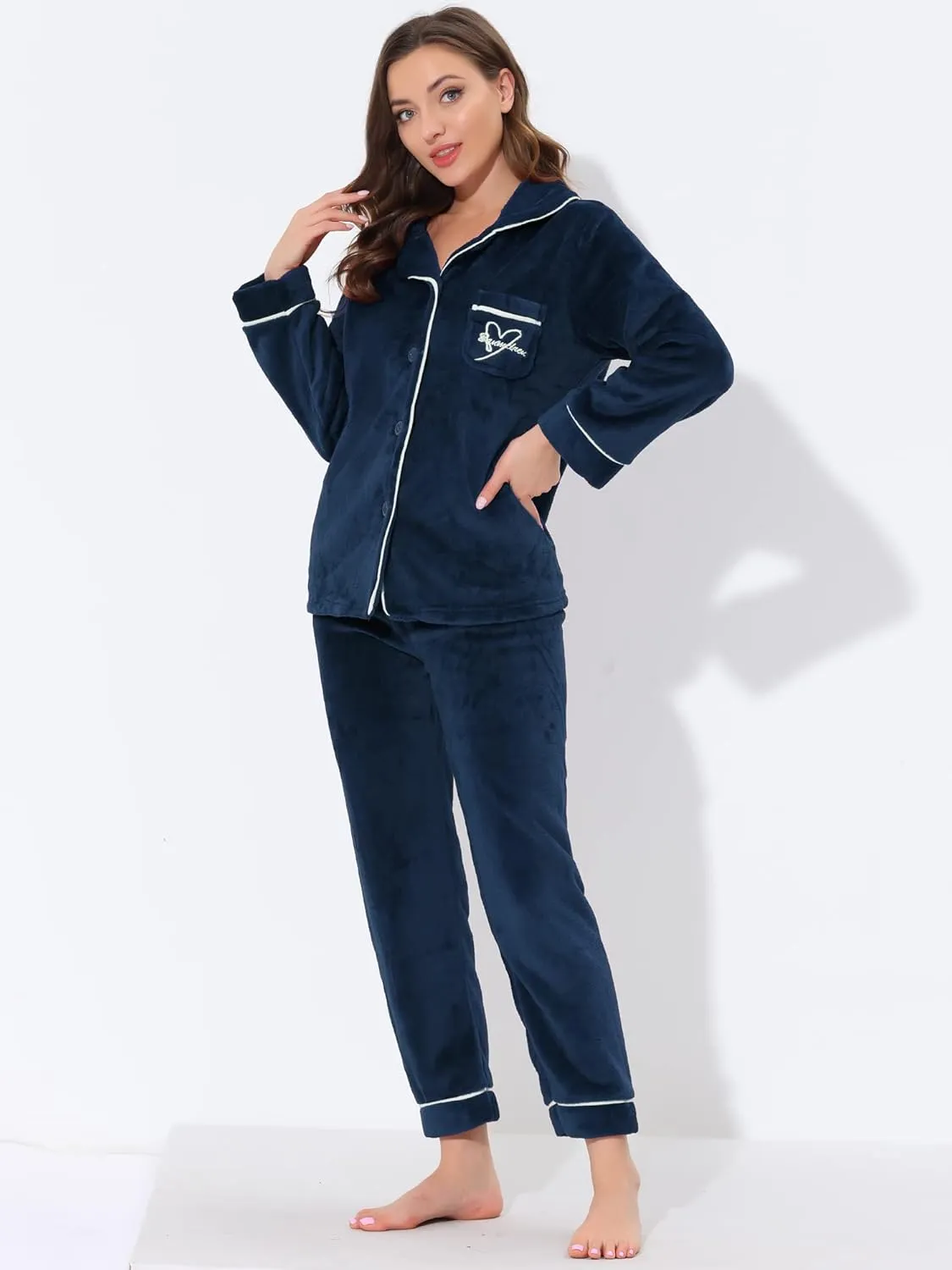 Allegra K Women's Sleepwear Flannel Button Down Lounge Winter Long Sleeves Pajama Sets