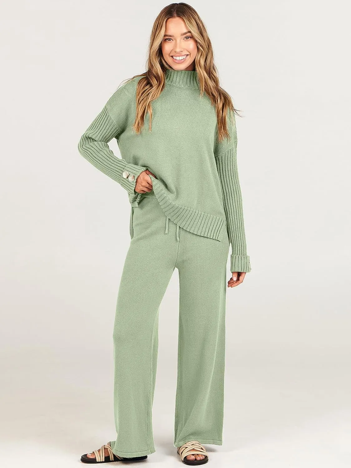 ANRABESS Women's 2 Piece Outfit Sweater Lounge Sets Long Sleeve Knit Pullover Wide Leg Pant Tracksuit Loungewear 2025 Fashion