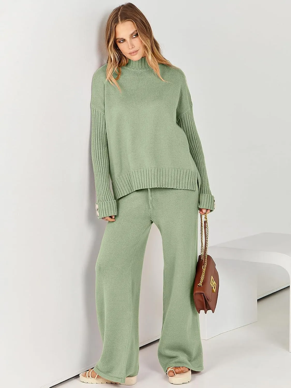 ANRABESS Women's 2 Piece Outfit Sweater Lounge Sets Long Sleeve Knit Pullover Wide Leg Pant Tracksuit Loungewear 2025 Fashion