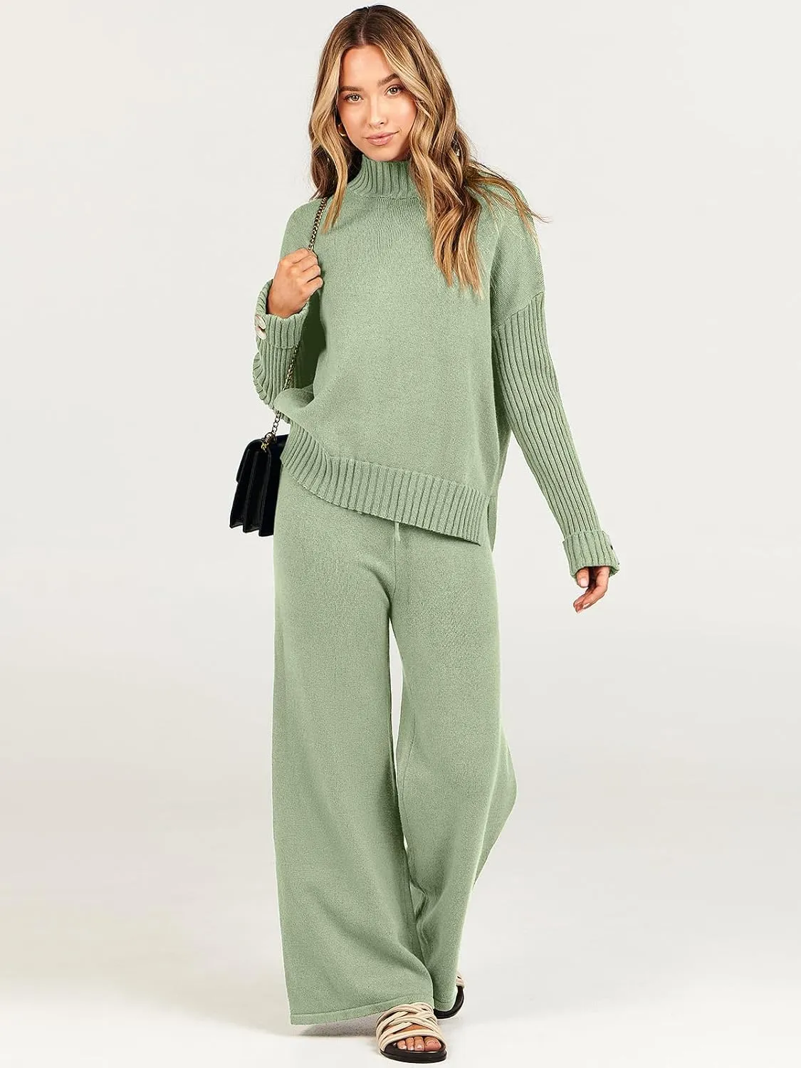 ANRABESS Women's 2 Piece Outfit Sweater Lounge Sets Long Sleeve Knit Pullover Wide Leg Pant Tracksuit Loungewear 2025 Fashion