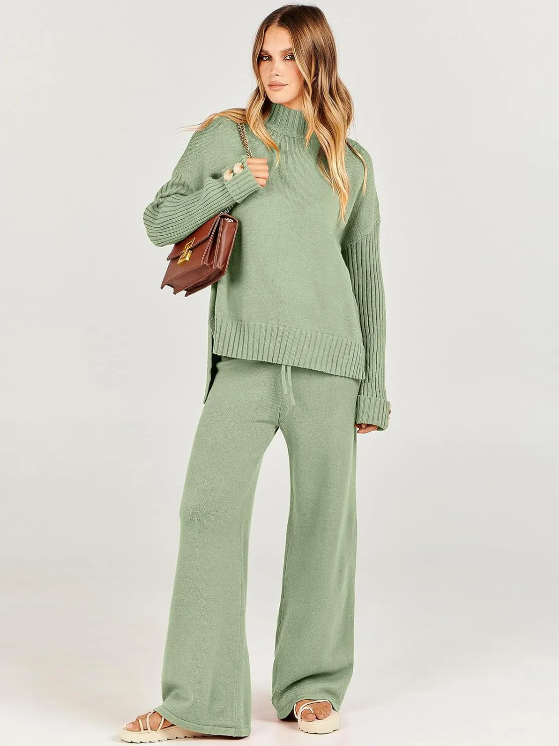 ANRABESS Women's 2 Piece Outfit Sweater Lounge Sets Long Sleeve Knit Pullover Wide Leg Pant Tracksuit Loungewear 2025 Fashion