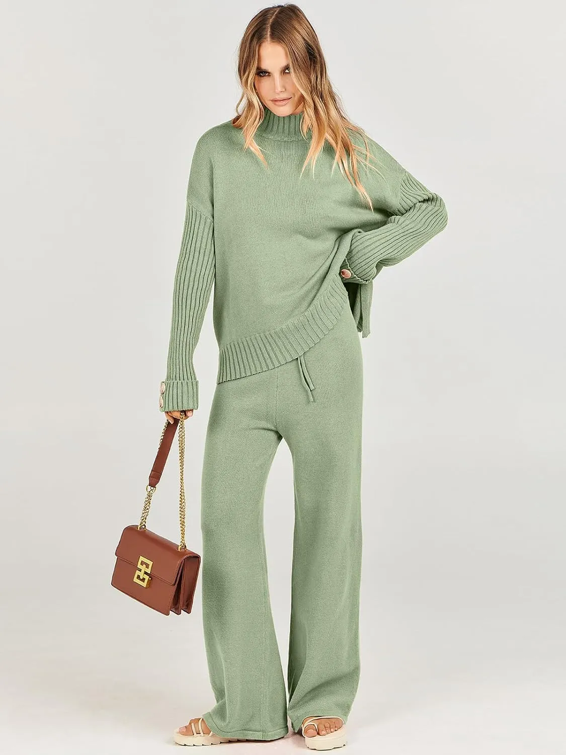 ANRABESS Women's 2 Piece Outfit Sweater Lounge Sets Long Sleeve Knit Pullover Wide Leg Pant Tracksuit Loungewear 2025 Fashion
