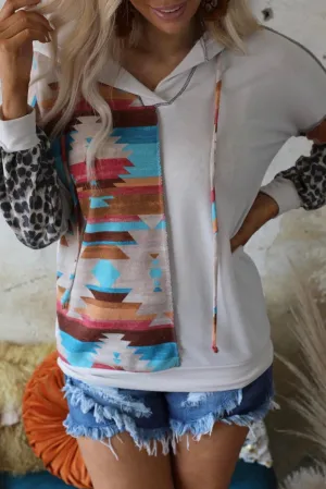 Aztec Leopard Color Block Drop Sleeve Hoodie