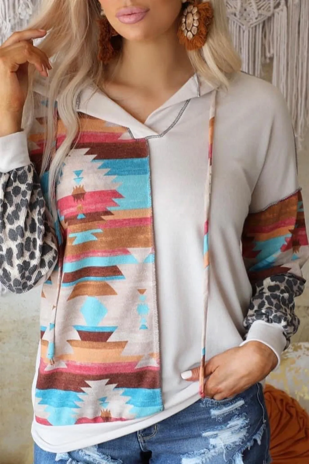 Aztec Leopard Color Block Drop Sleeve Hoodie