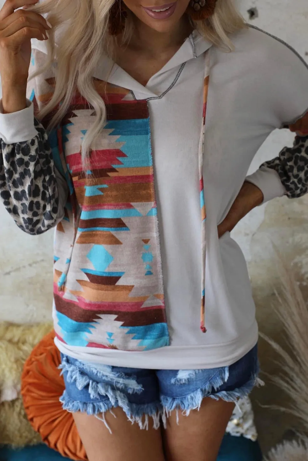 Aztec Leopard Color Block Drop Sleeve Hoodie