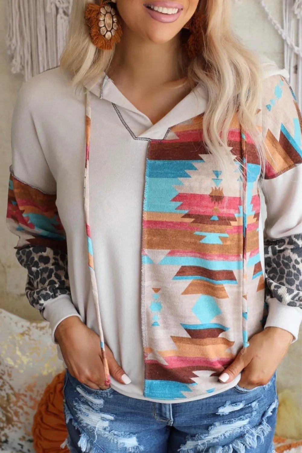 Aztec Leopard Color Block Drop Sleeve Hoodie