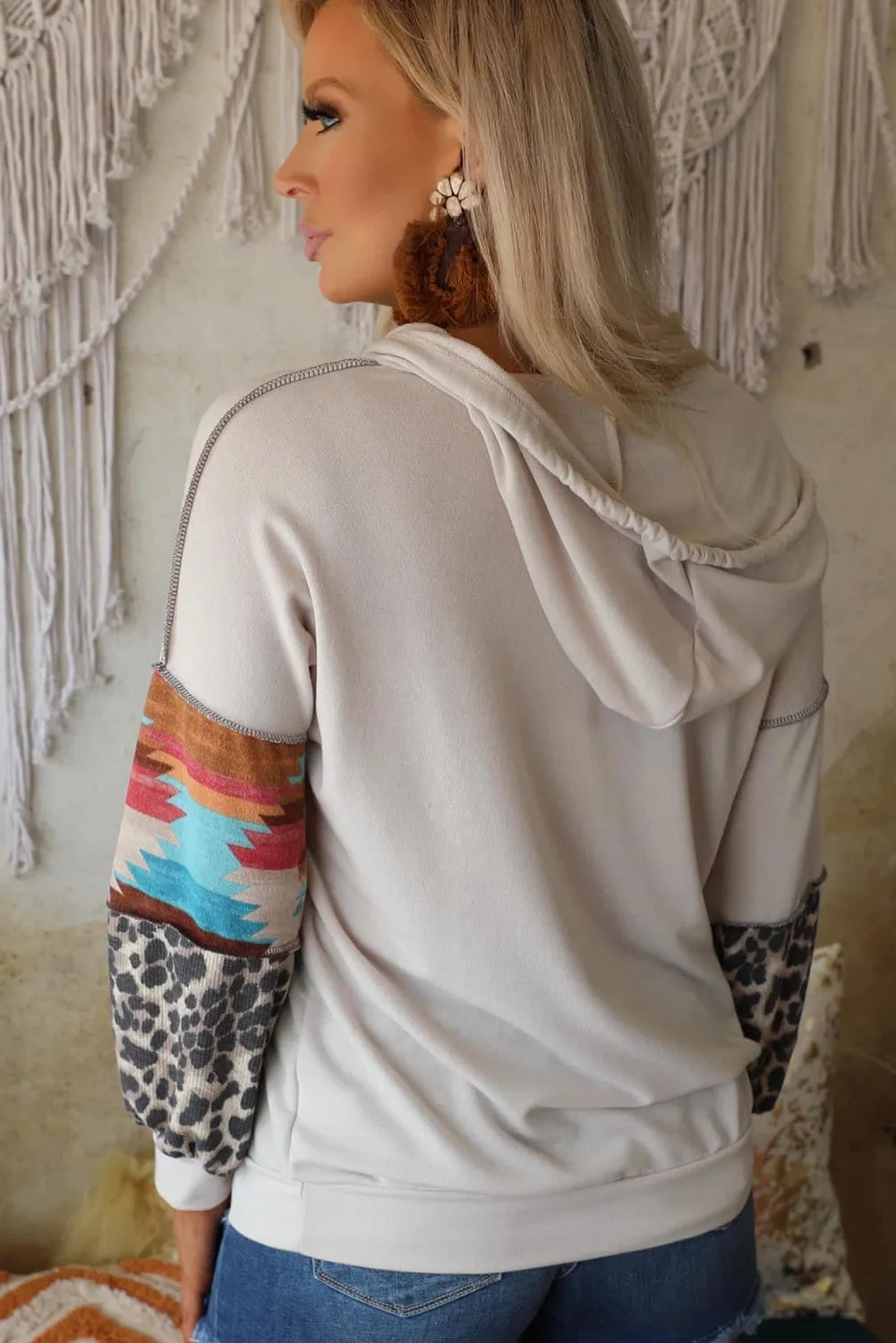 Aztec Leopard Color Block Drop Sleeve Hoodie