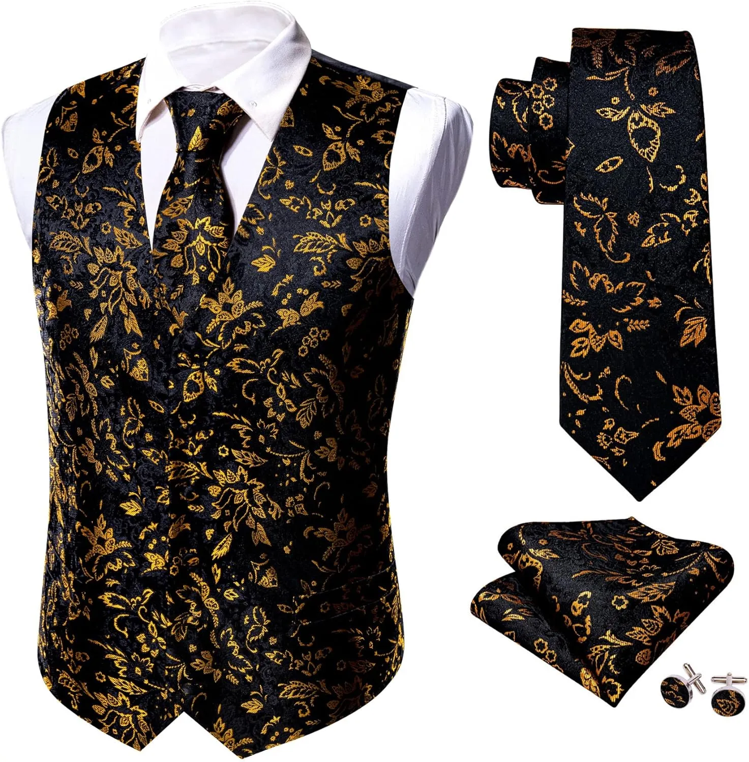 Barry.Wang Mens Paisley V-neck Suit Vest Formal/Leisure Silk Jacquard Waistcoat Tie Set 5PCS