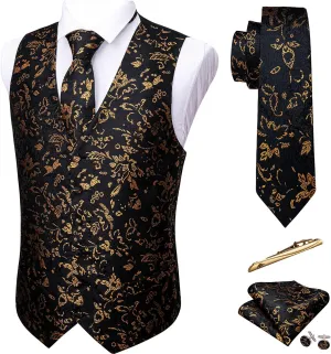 Barry.Wang Mens Paisley V-neck Suit Vest Formal/Leisure Silk Jacquard Waistcoat Tie Set 5PCS
