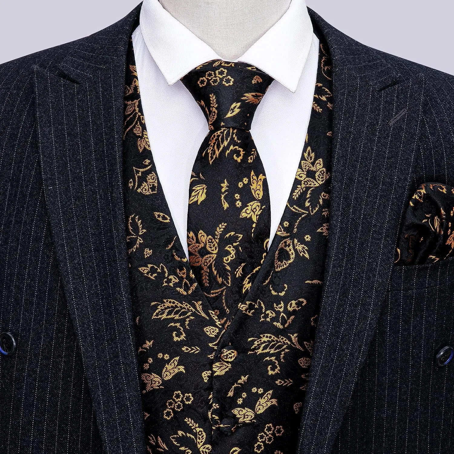 Barry.Wang Mens Paisley V-neck Suit Vest Formal/Leisure Silk Jacquard Waistcoat Tie Set 5PCS