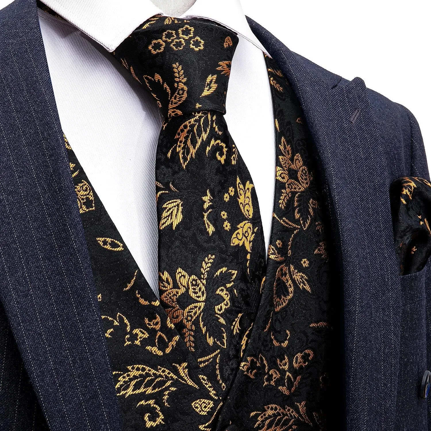 Barry.Wang Mens Paisley V-neck Suit Vest Formal/Leisure Silk Jacquard Waistcoat Tie Set 5PCS