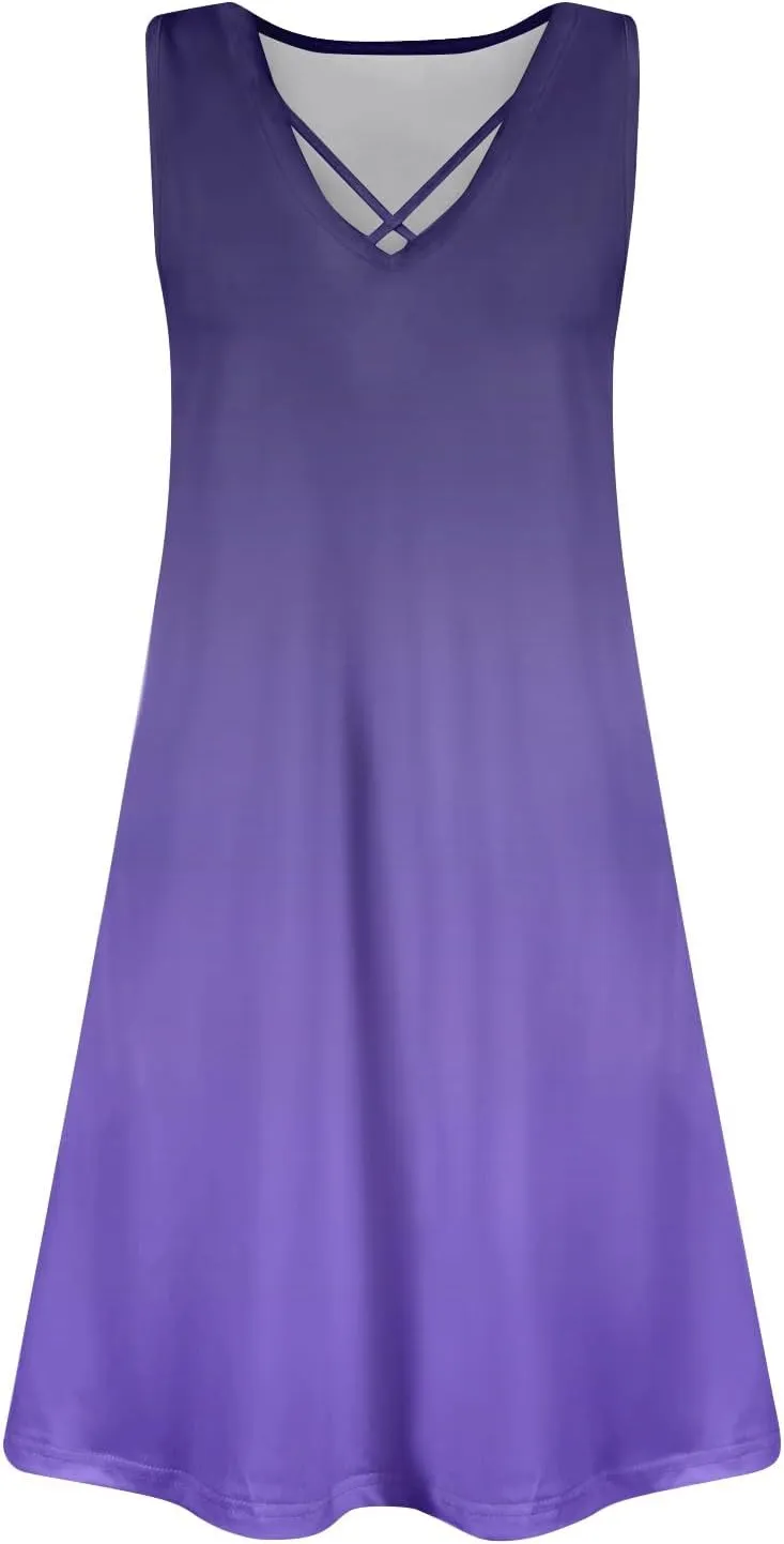 Beach Vacation Dresses Sleeveless V Neck Gradient Boho Vintage Flowy Tank Mini Dress 2025 Summer, S-3XL