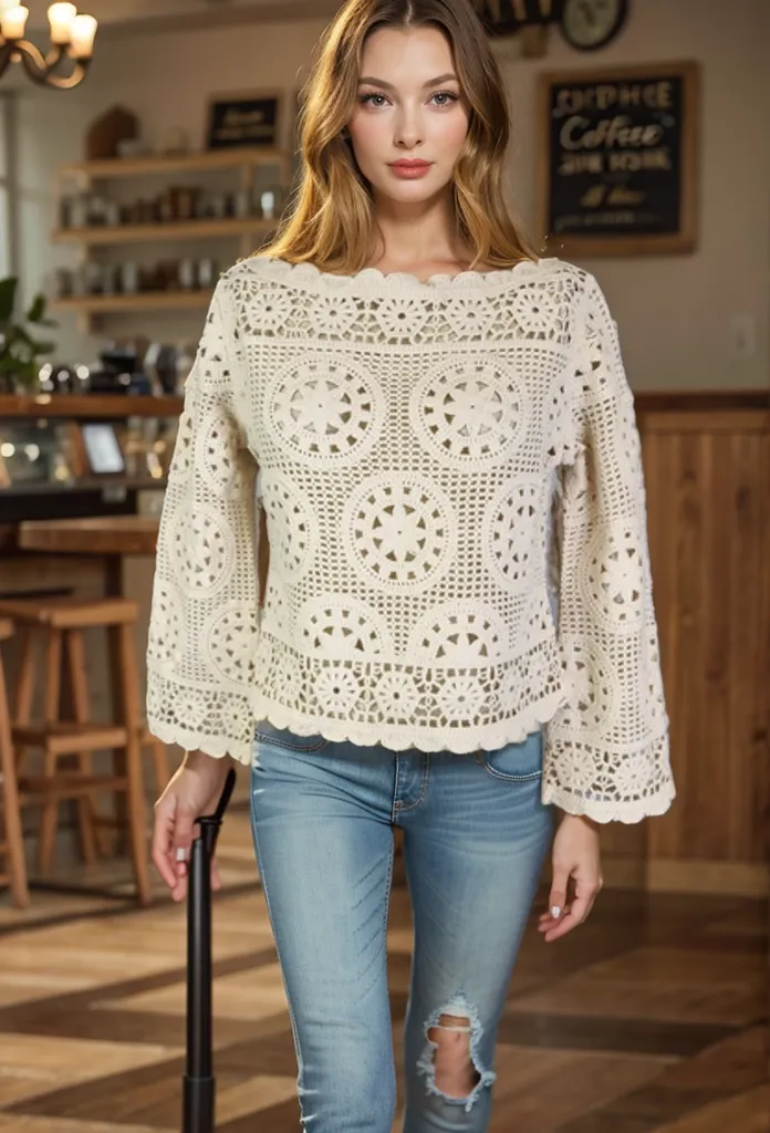 Boatneck Crochet Sweater (D3010) Beigh