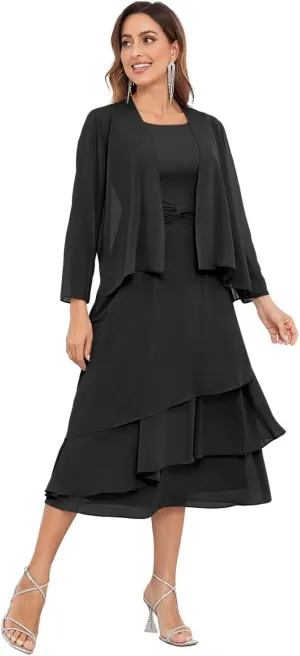 BOLENSYE Women's 2 Pieces Mother of The Bride Dresses for Wedding with Jacket Tea Length Formal Evening Party Gown