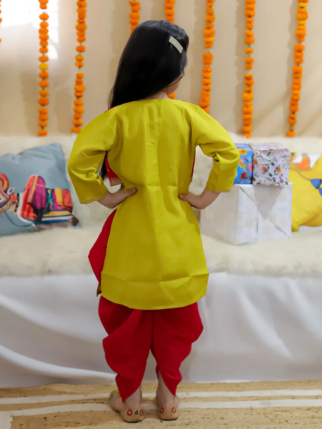 BownBee Sibling Set Embroidered Attached Jacket Kurta Pajama with Attached Jacket Kurti Dhoti- Yellow