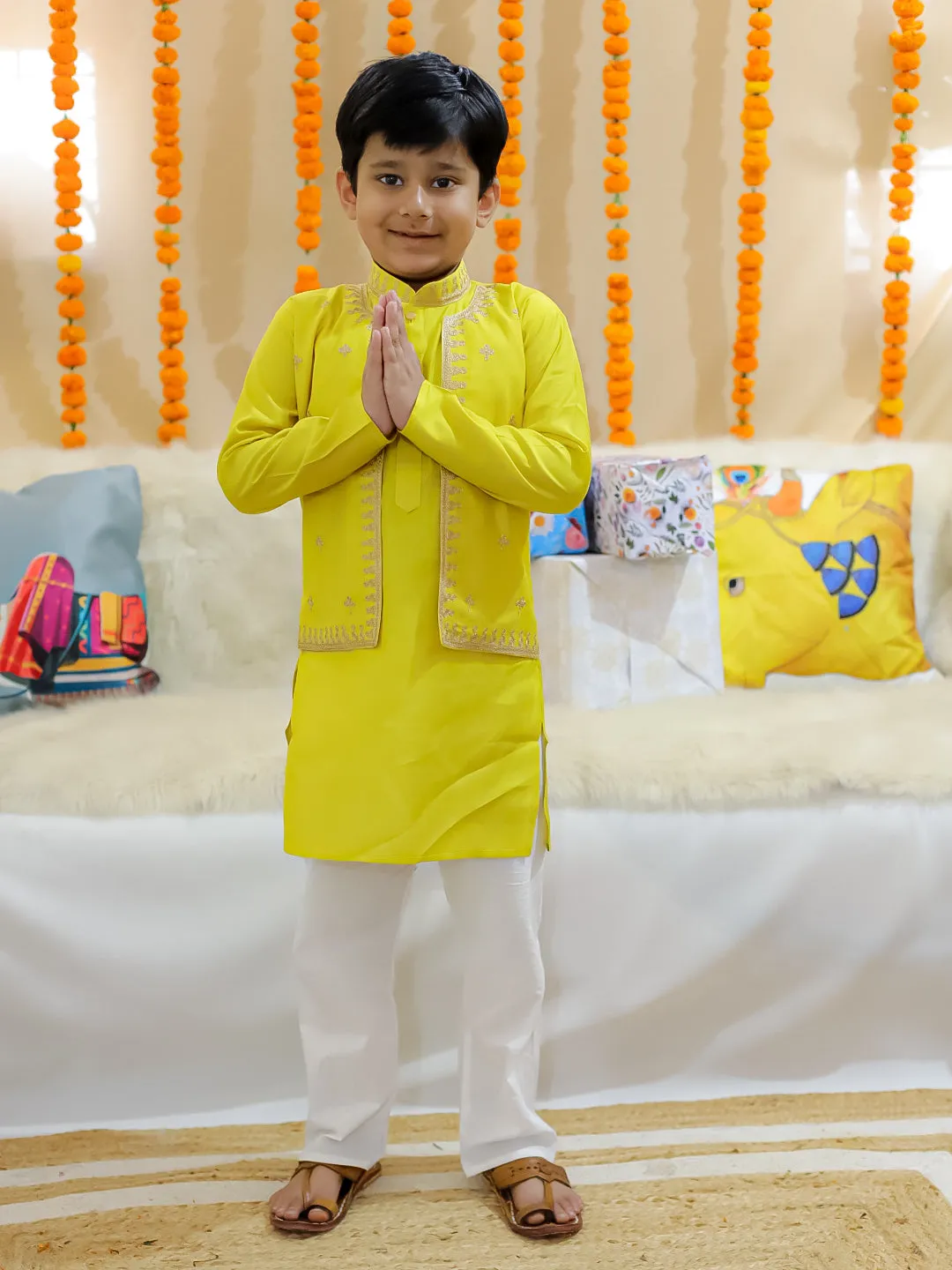 BownBee Sibling Set Embroidered Attached Jacket Kurta Pajama with Attached Jacket Kurti Dhoti- Yellow