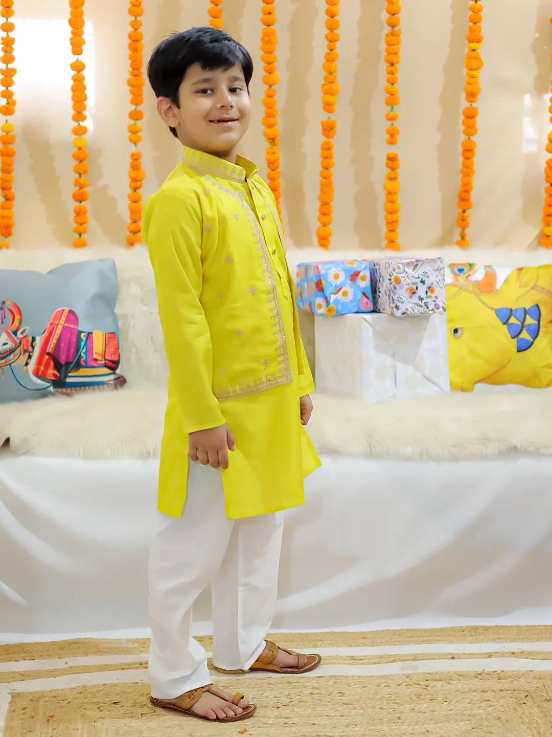 BownBee Sibling Set Embroidered Attached Jacket Kurta Pajama with Attached Jacket Kurti Dhoti- Yellow