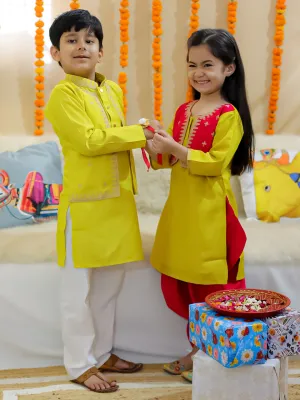 BownBee Sibling Set Embroidered Attached Jacket Kurta Pajama with Attached Jacket Kurti Dhoti- Yellow