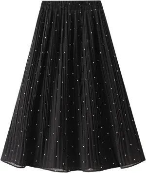 BTDECLAR Polka Dot Chiffon Skirts for Women Trendy Casual Bohemia Summer Pleated Skirt Elastic Waist Swing A-Line Midi Skirts