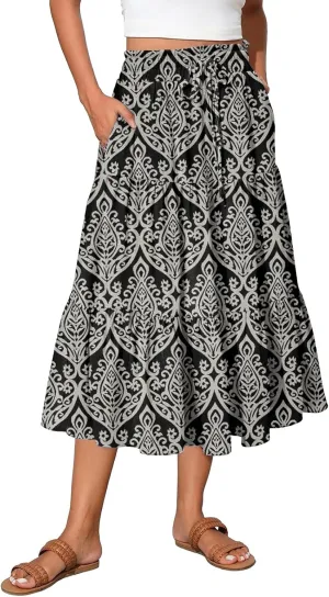 Casual Skirts for Women Summer High Waisted Wrap Midi Skirt Swing A-Line Floral Print Knee Length Skirt with Pockets