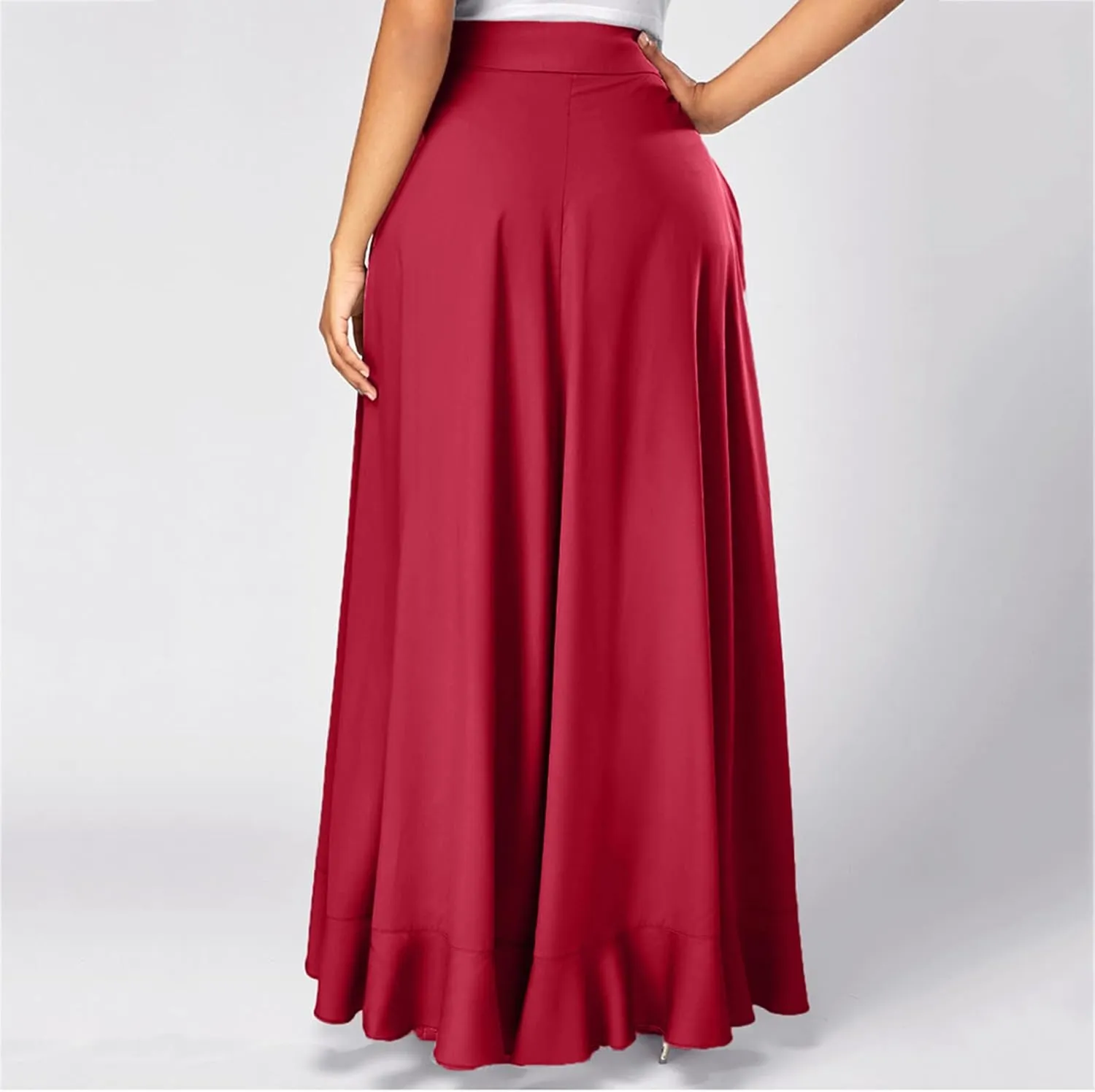 Casual Skirts for Women's Plus Size Solid Long Skirts Casual High Waisted Flare Hem High Waist Midi Bow Pleated Skirt