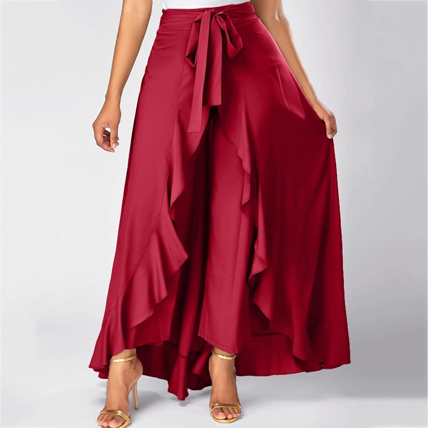Casual Skirts for Women's Plus Size Solid Long Skirts Casual High Waisted Flare Hem High Waist Midi Bow Pleated Skirt
