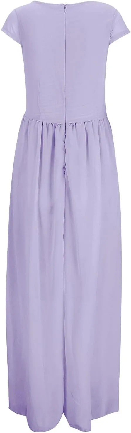 Casual Spring Dresses for Women 2025,Women's Chiffon Solid V Neck Short Sleeve Wedding Guest Dress Cocktail Maxi Dresses