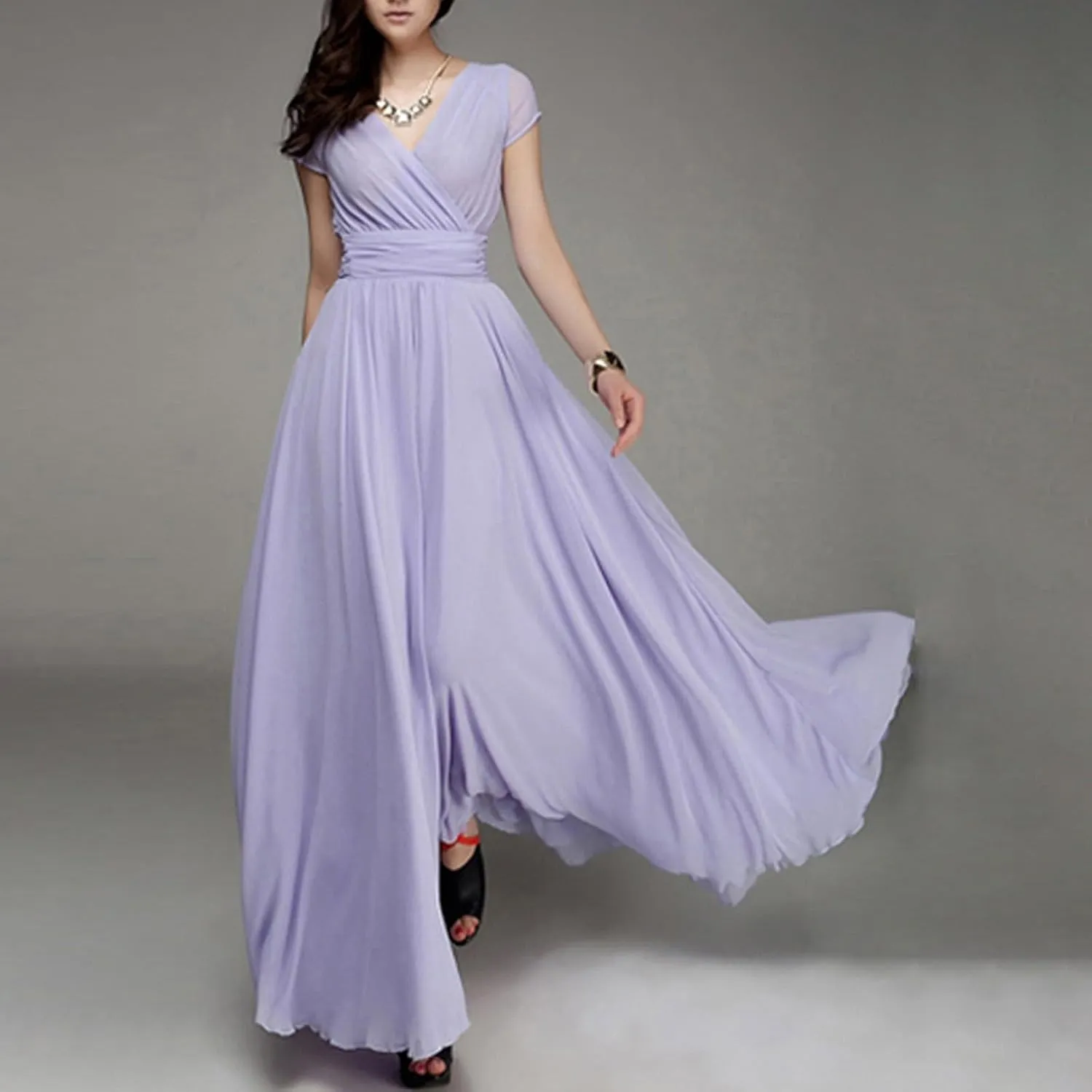 Casual Spring Dresses for Women 2025,Women's Chiffon Solid V Neck Short Sleeve Wedding Guest Dress Cocktail Maxi Dresses