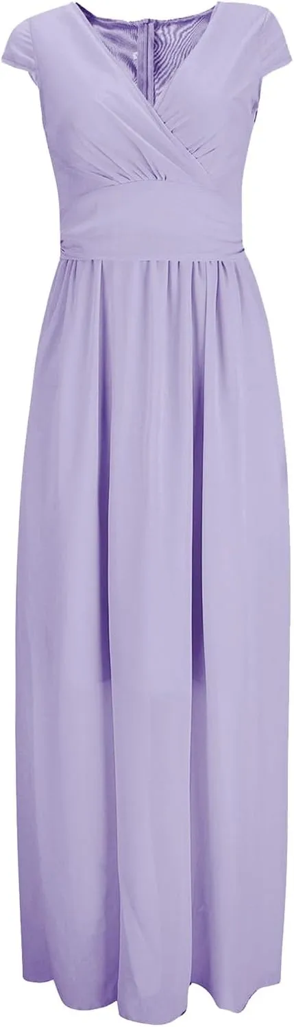 Casual Spring Dresses for Women 2025,Women's Chiffon Solid V Neck Short Sleeve Wedding Guest Dress Cocktail Maxi Dresses