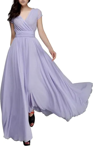 Casual Spring Dresses for Women 2025,Women's Chiffon Solid V Neck Short Sleeve Wedding Guest Dress Cocktail Maxi Dresses