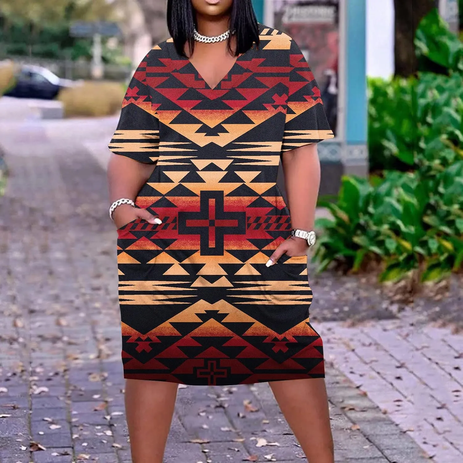 Ceboyel Women Plus Size Summer Dress Aztec Tshirt Dress Short Sleeve Western Dresses Trendy Beach Outfits with Pockets 2023