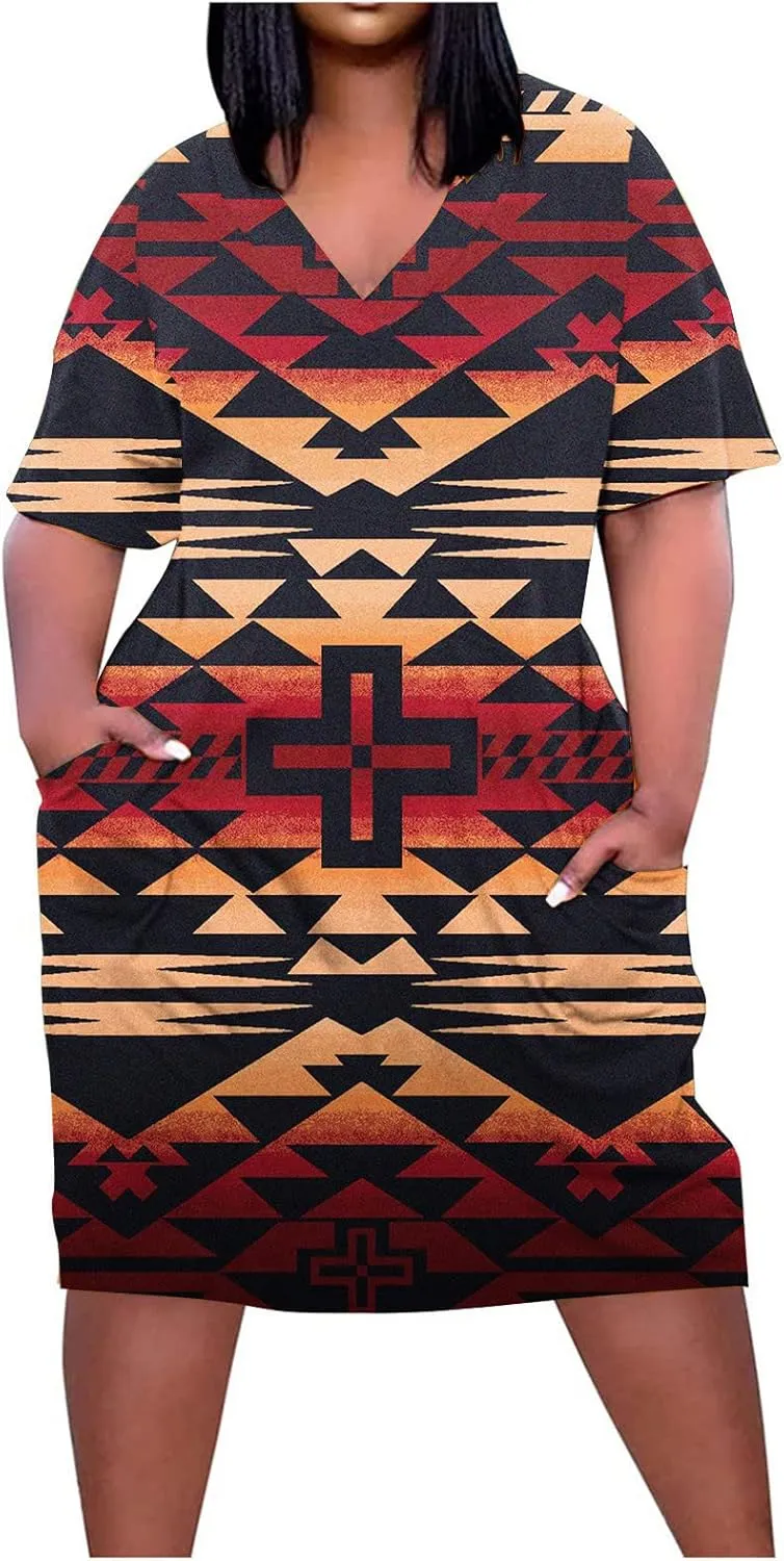 Ceboyel Women Plus Size Summer Dress Aztec Tshirt Dress Short Sleeve Western Dresses Trendy Beach Outfits with Pockets 2023