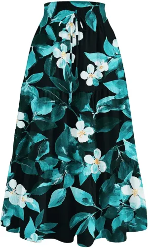 COTECRAM Womens Boho Floral Print Skirt Trendy Pleated A-Line Skirts Casual Flowy Swing Midi Skirts Beach Vacation Clothes
