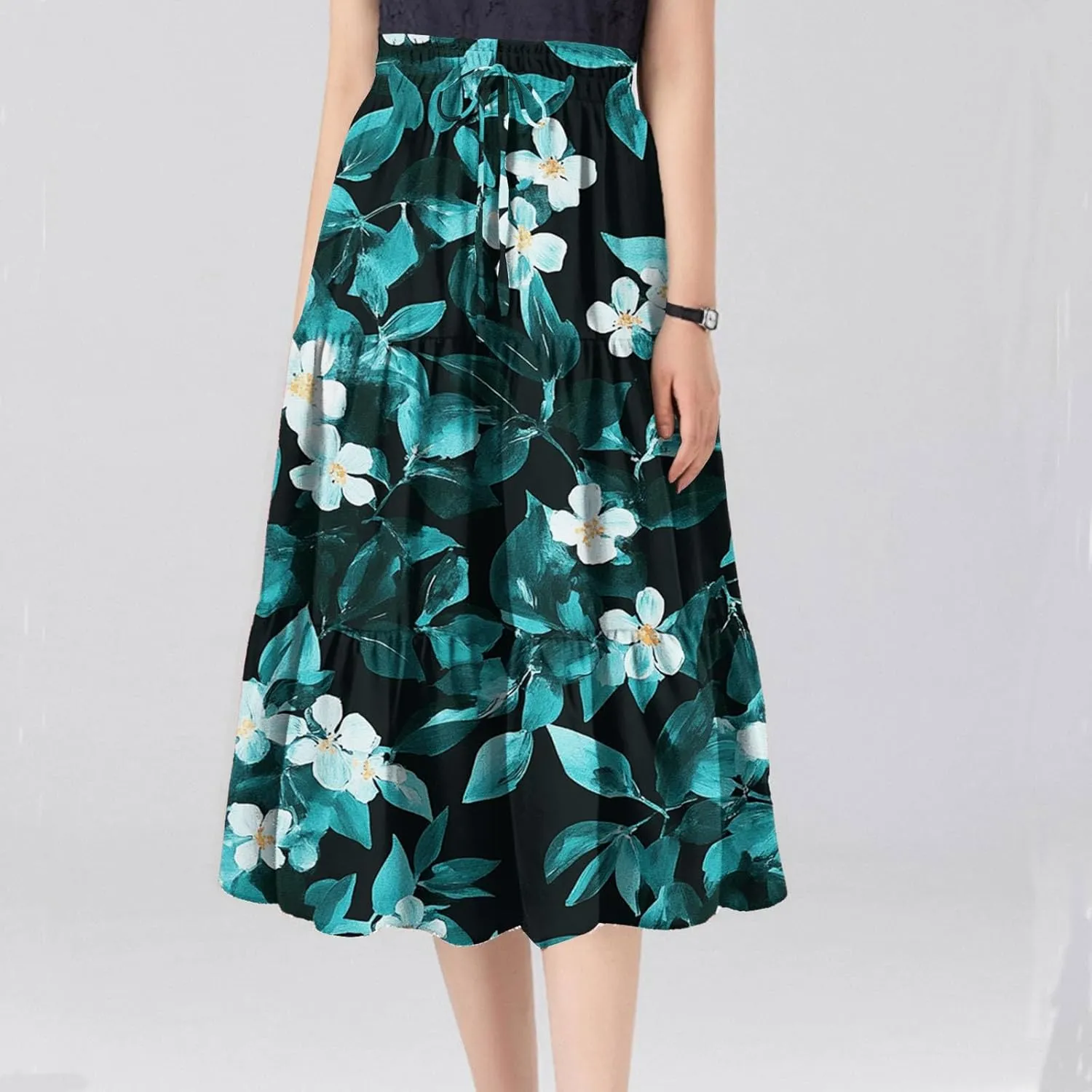 COTECRAM Womens Boho Floral Print Skirt Trendy Pleated A-Line Skirts Casual Flowy Swing Midi Skirts Beach Vacation Clothes