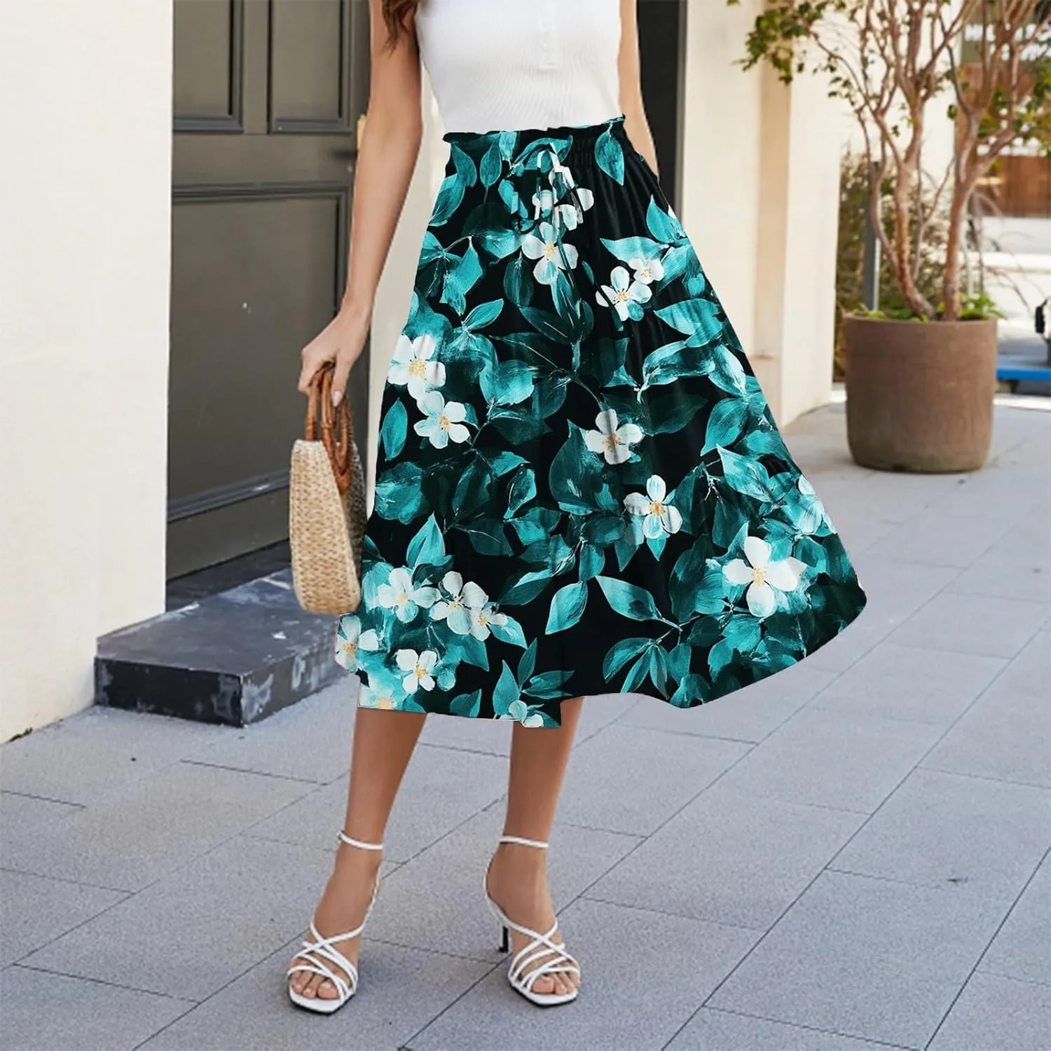 COTECRAM Womens Boho Floral Print Skirt Trendy Pleated A-Line Skirts Casual Flowy Swing Midi Skirts Beach Vacation Clothes
