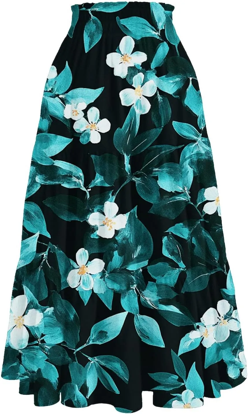 COTECRAM Womens Boho Floral Print Skirt Trendy Pleated A-Line Skirts Casual Flowy Swing Midi Skirts Beach Vacation Clothes