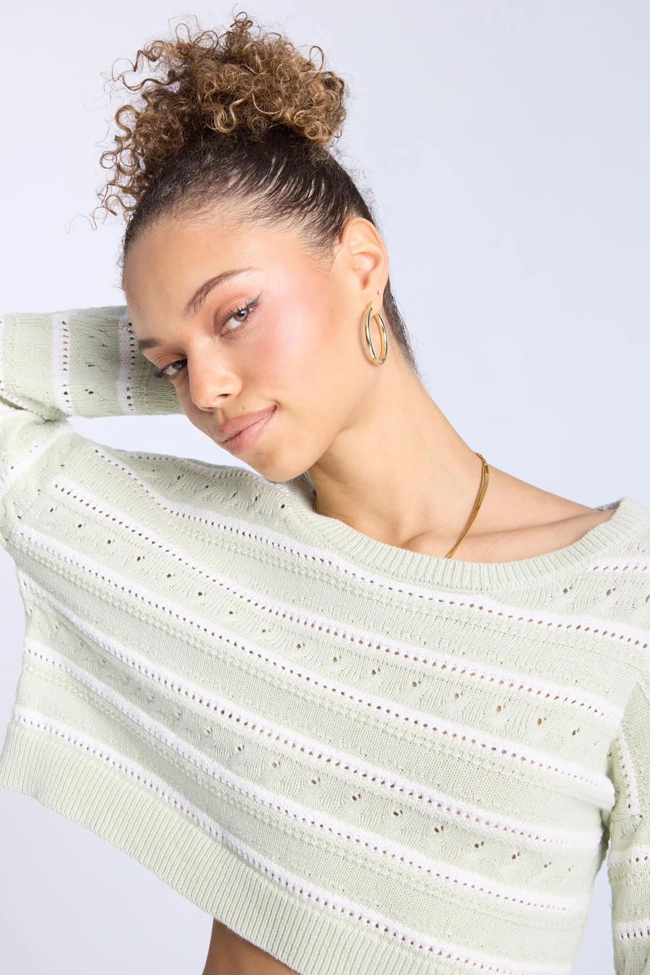 Crochet-Style Crew Neck Sweater