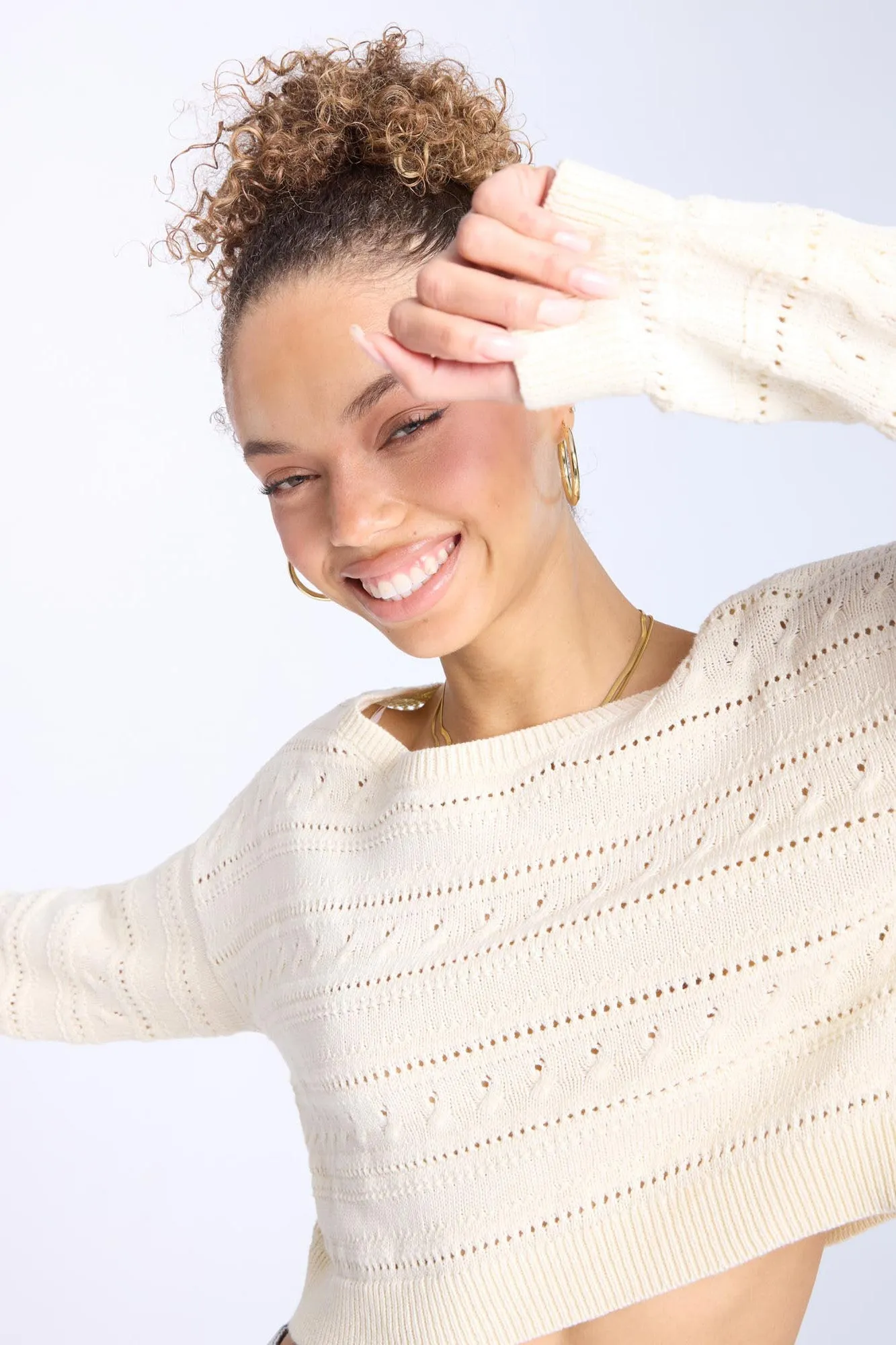 Crochet-Style Crew Neck Sweater