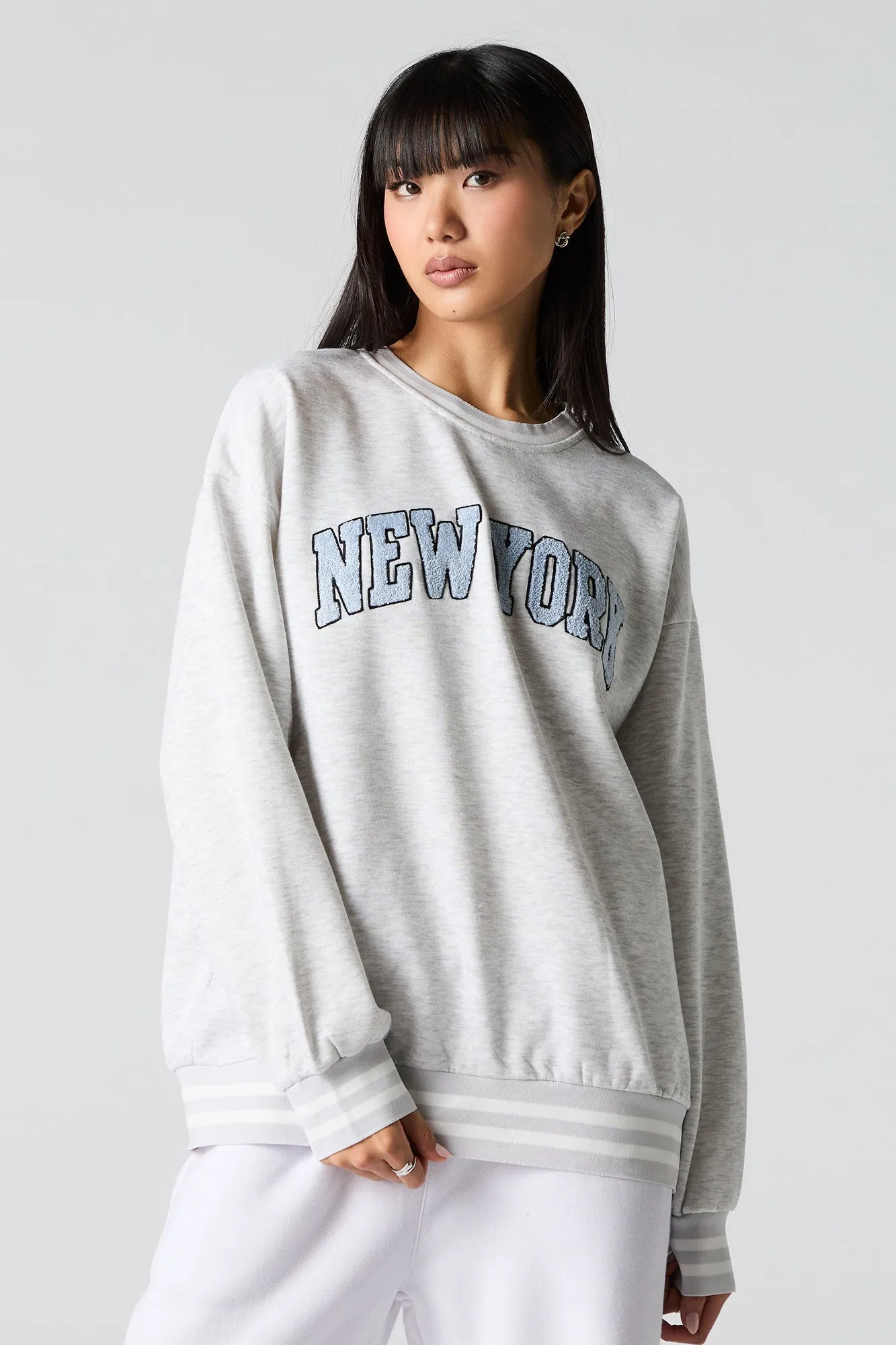 Embroidered Striped Trim Fleece Sweatshirt