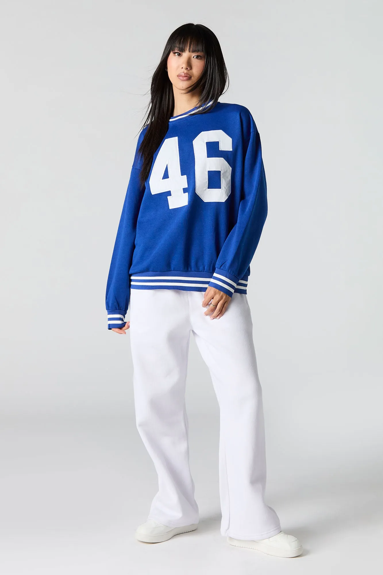 Embroidered Striped Trim Fleece Sweatshirt
